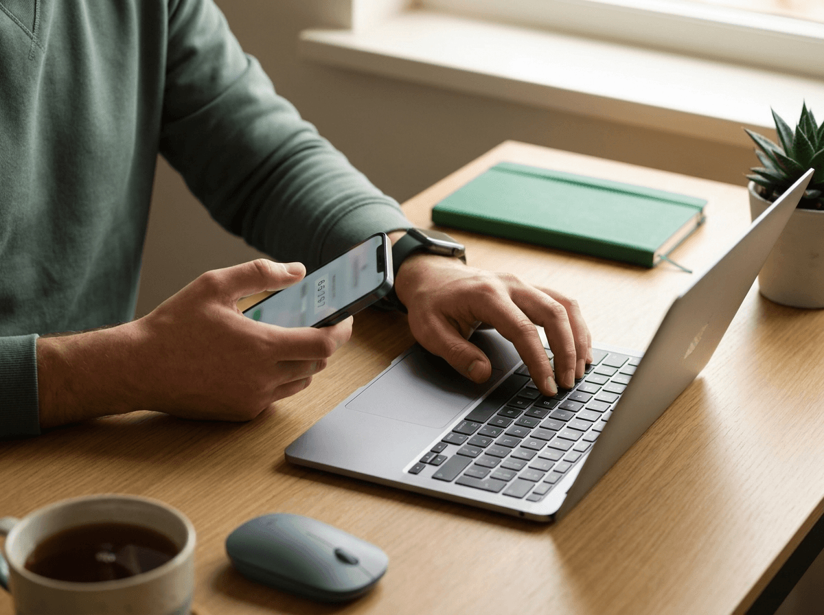 Hands copying a code from a phone into a laptop — typed by a person, never automated